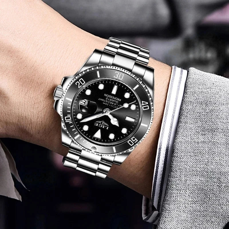 Luxus-Taucheruhr für Herren, Marke LIGE, wasserdicht bis 3 ATM, mit Datumsanzeige, sportliche Quarzuhr
