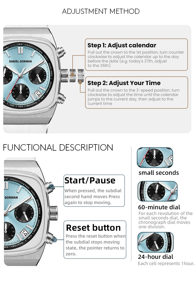 DG9008 Men's Watch, Original Fashion Brand Quartz Waterproof Luminous Watch with Three Small Dials and Moon Phase