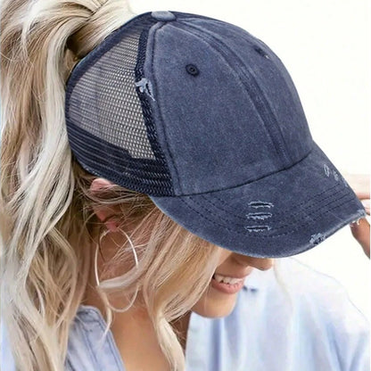 1 casquette de baseball vintage en maille « ponytail », casquette de camionneur ajustable, délavée et vieillie, offrant une protection solaire en extérieur, idéale pour le printemps et l'automne