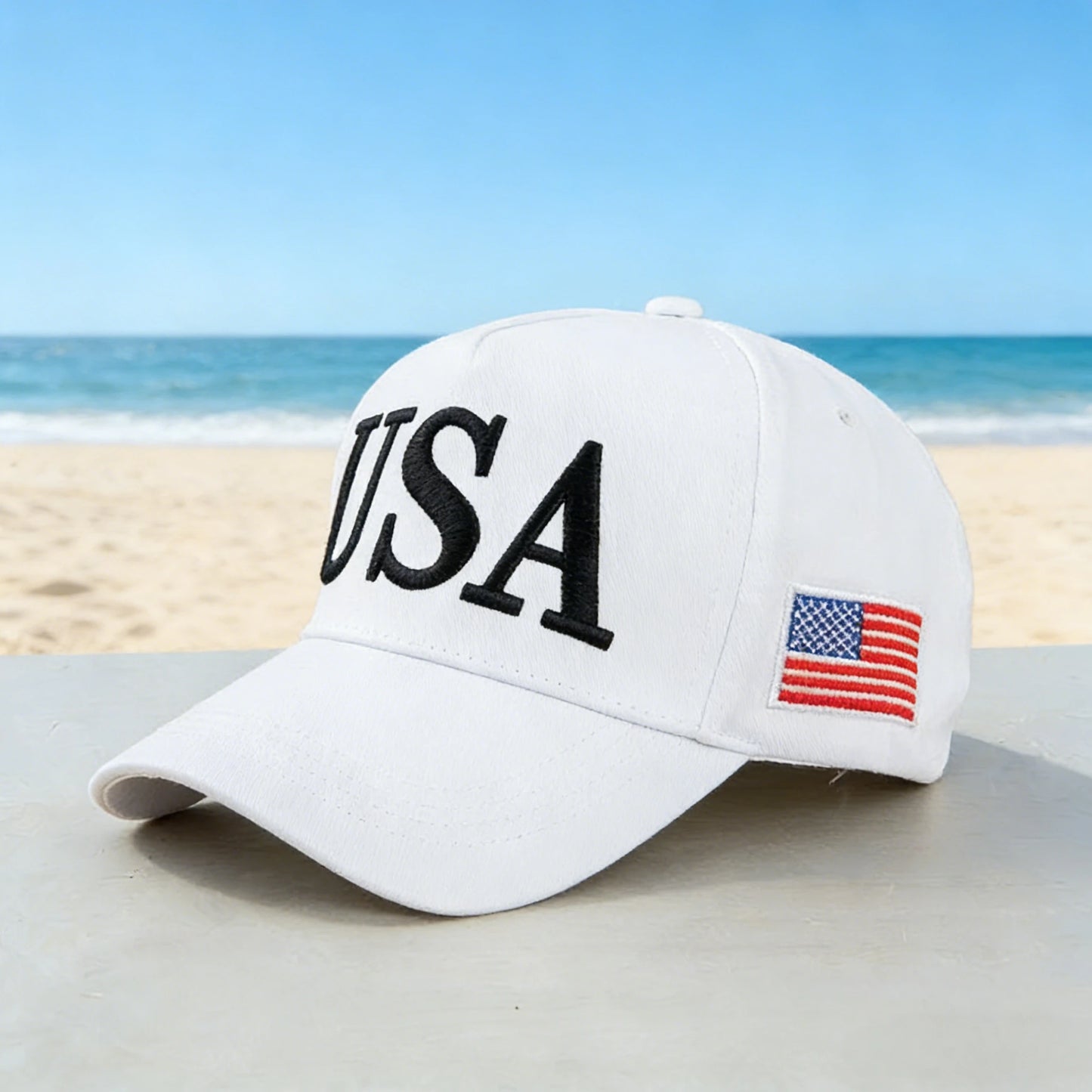 A fashionable white American hat with "45-47" details, perfect for a beach outing, ideal for a leisurely walk by the seaside or