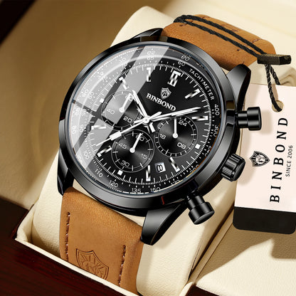 Robuste und präzise BINBOND-Quarz-Chronographenuhr für Herren, luxuriös, mit automatischer Datumsanzeige, Leuchtzeiger und wasserdicht, im lässigen Stil.