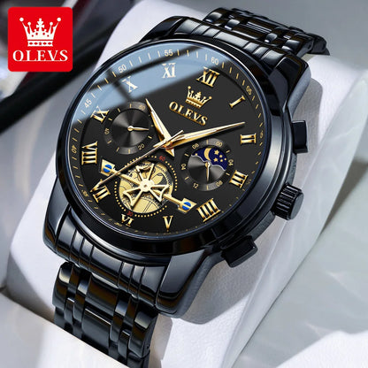 Reloj para hombre OLEVS 2859: modelo clásico y lujoso con números romanos, multifunción, resistente al agua, esfera luminiscente y mecanismo de cuarzo de alta calidad.