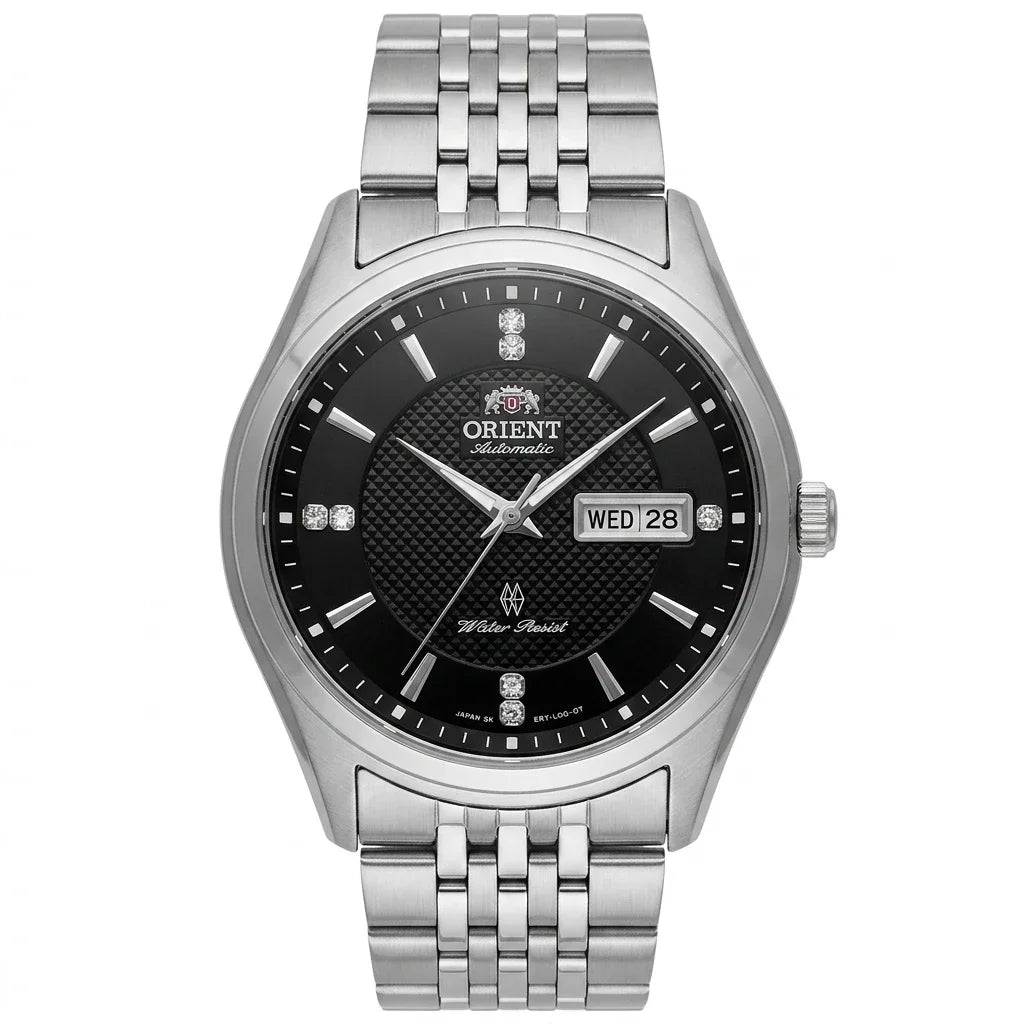 Mekanisk automatisk herrklocka från Orient, med dubbel kalender (datum och veckodag), kristallindex och armband i rostfritt stål – Armbandsur i affärsstil