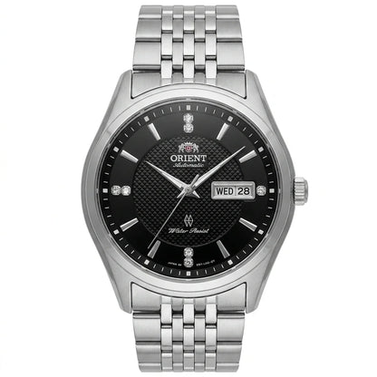 Mekanisk automatisk herrklocka från Orient, med dubbel kalender (datum och veckodag), kristallindex och armband i rostfritt stål – Armbandsur i affärsstil