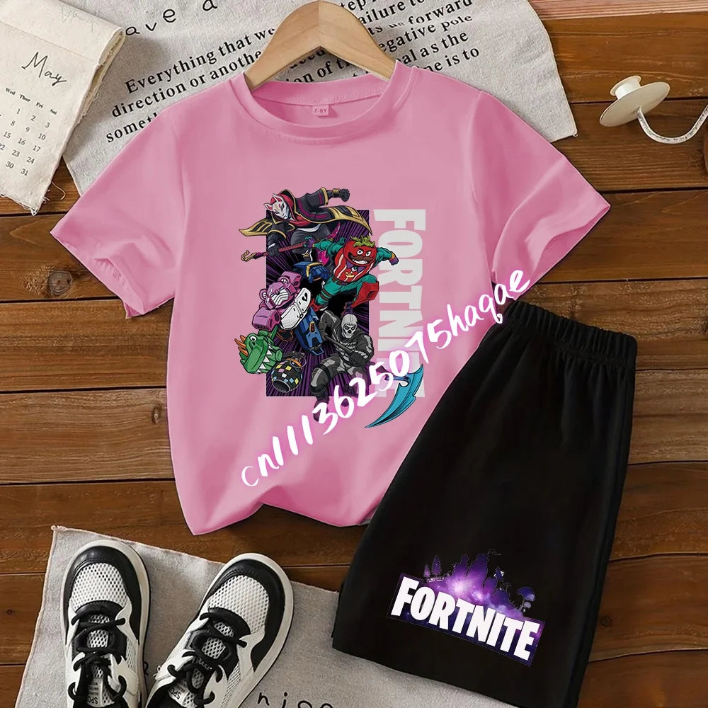 Completo estivo Fortnite con T-shirt e shorts per bambini e bambine, set 2 pezzi, abbigliamento bambino con top, T-shirt e pantaloncini, stampa Fortress Night, idea regalo