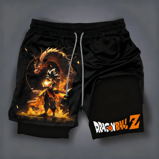Dragon Ball Wukong Printed Double Layer Shorts for Men, Elastic Drawstring, Spring/Summer Breathable Sports and Fitness Shorts