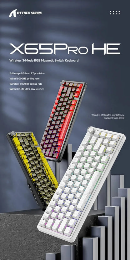 Teclados Gaming Sem Fios Attack Shark X65 PRO HE com Switches Magnéticos 8K RT0.001mm, Gravação Lateral, Bluetooth, Windows Mac PC