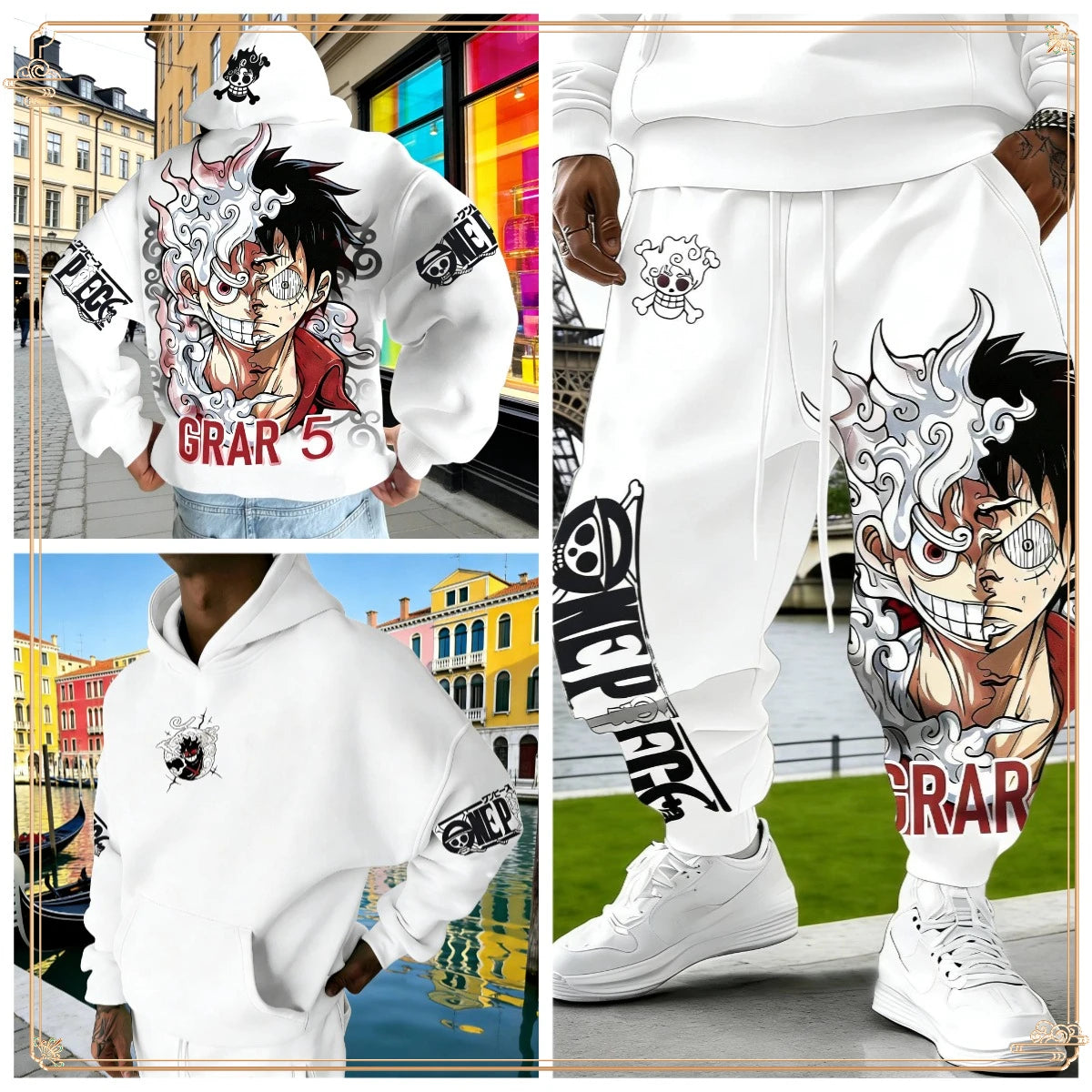 One Piece Luffy Gear 5 Hoodie Pants Set Red Cotton Tracksuit with Character Print on Hoodie Front Pant Side Loose Fit Two Piece