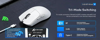 Ratón gaming inalámbrico ATTACK SHARK X11 Original Brand con base de carga, sensor gaming PixArt PAW3311, conexión BT/2.4G inalámbrica/con cable