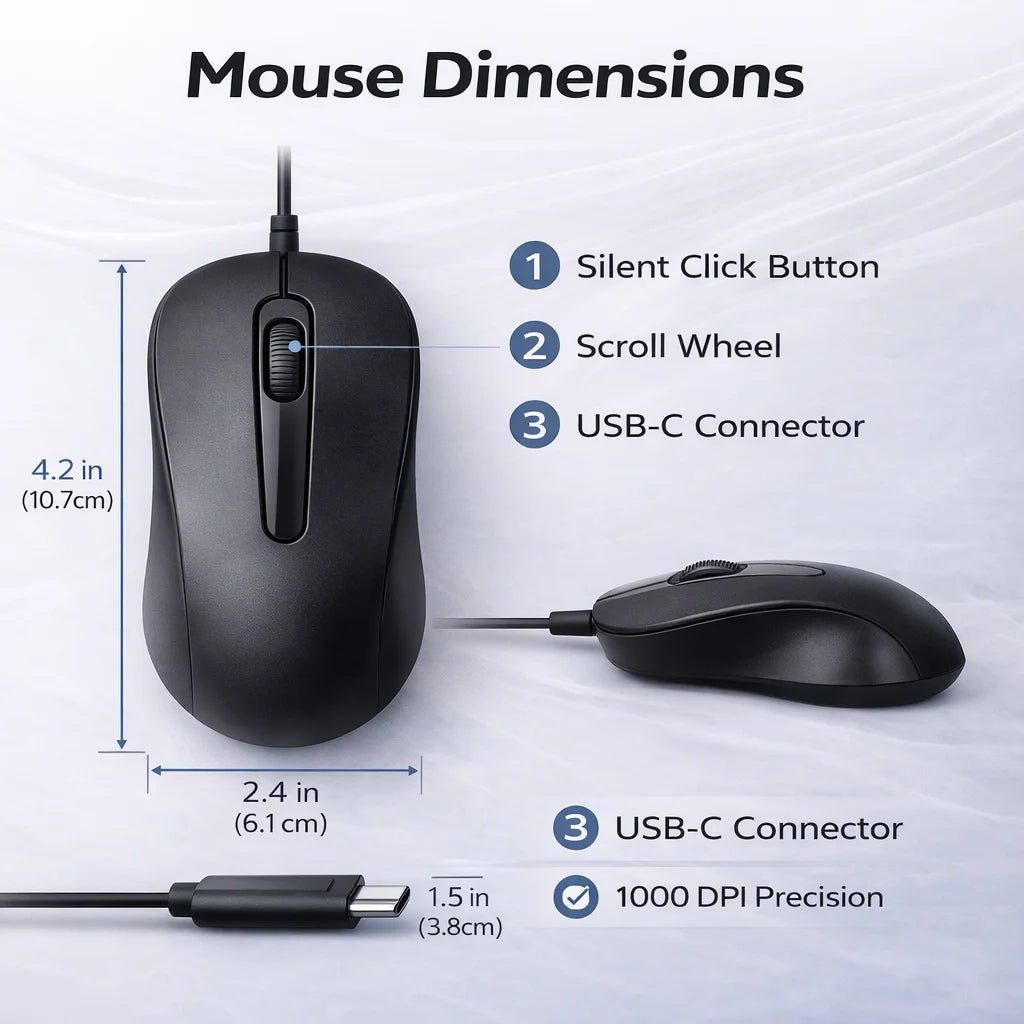 USB C Wired Mouse Silent Click 1000DPI Type-C Mouse For Laptop/Tablet/Phone Compatible with Mac/Windows/Android Plug and Play