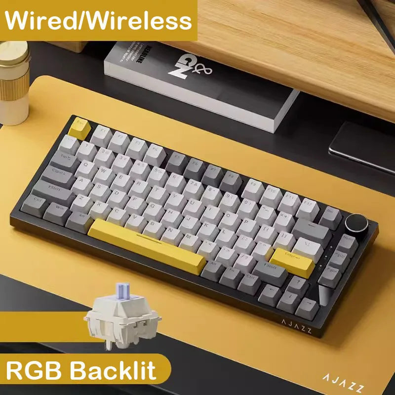 AJAZZ AK820 Teclado mecânico 70% com formato compacto/iluminação RGB/interruptores hot-swappable, com ligação com fios, sem fios e Bluetooth