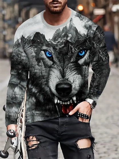 2024 New Wolf Print Men's Long Sleeve T-shirt Spring And Autumn Men's Daily Casual Shirt Street Fashion Men's Long Sleeve T-shir