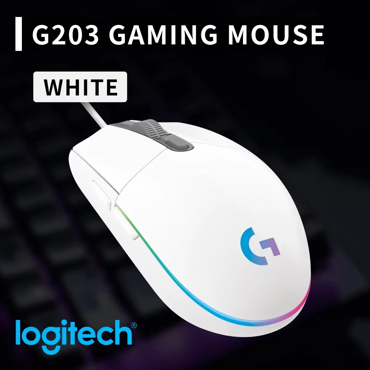 Logitech G102 G203 laidinė žaidimų pelė, 2.1 metro ilgio laidas, 8000 DPI, RGB efektai, skirta PC, nešiojamajam kompiuteriui, biurui ir gamer’iams, lanksti