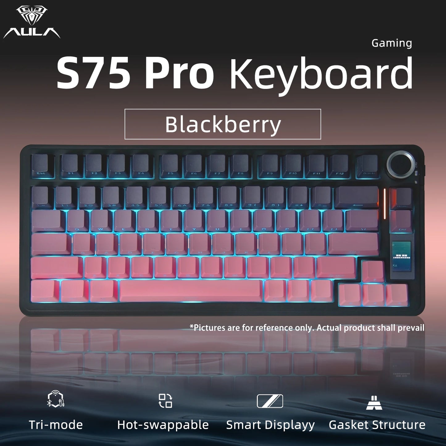 Tastiera meccanica AULA S75 PRO 75% layout personalizzato, retroilluminazione RGB, wireless Bluetooth, tastiera da gaming con schermo e manopola
