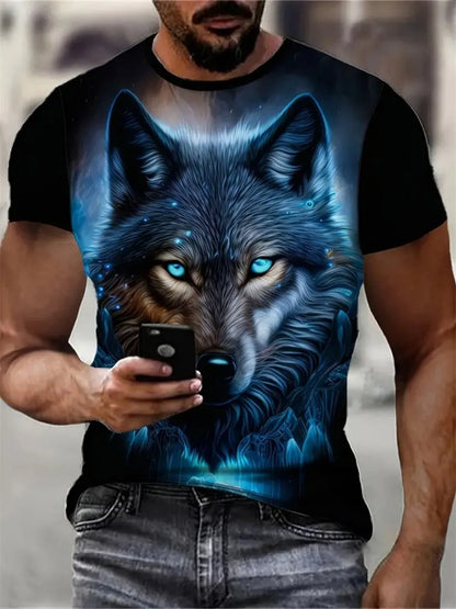 Fashionable Summer Men's Domineering Wolf Print Pattern Breathable Round Neck T-shirt Outdoor High Street Casual Top