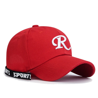 Casquette de baseball à visière rigide ajustable en coton brodé avec ruban en forme de lettre « R », casquette de soleil, casquette de camionneur, casquette hip-hop