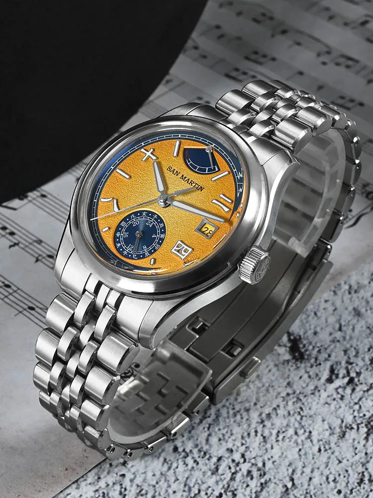 San Martin 39mm Miyota 9132 Power Reserve Display Men's Luxury Sport Watch Automatic Mechanical Waterproof Original Design SN0144