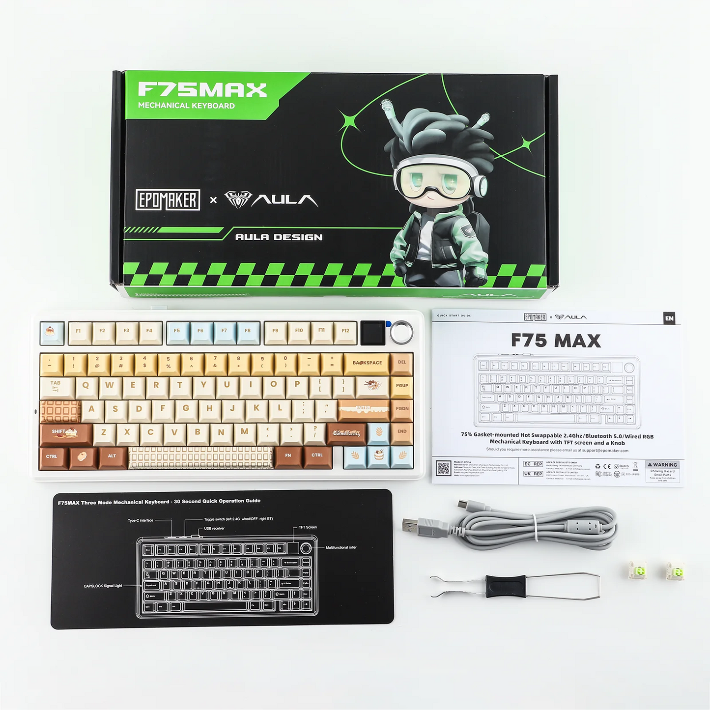EPOMAKER X AULA F75 MAX kompakte mechanische Tastatur im 75-%-ANSI-Layout, kabelgebunden/Bluetooth/2.4GHz kabellos, mit TFT-Bildschirm und Drehregler