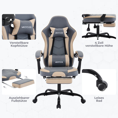 Cadeira Gaming WOTSTA com Apoio para Pés, Cadeira Gamer Ergonómica com Almofada Lombar, Apoio de Cabeça e Altura Ajustável para Computador