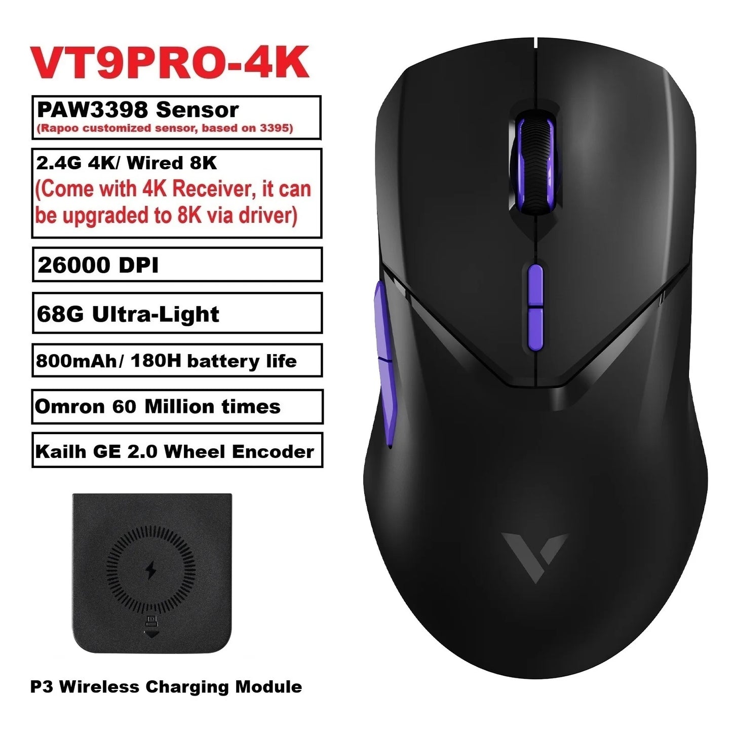 Rapoo VT9PRO PAW3398 безжична геймърска мишка 68g, кабелна, програмируема, ергономична, 26000DPI, презареждаема чрез Type C, аксесоар за PC геймъри