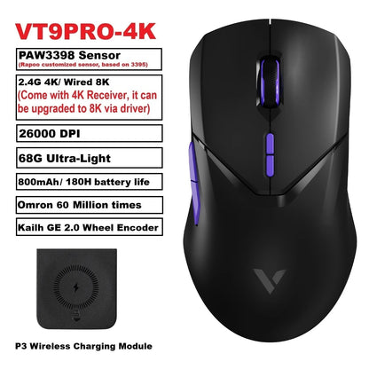Rapoo VT9PRO PAW3398 безжична геймърска мишка 68g, кабелна, програмируема, ергономична, 26000DPI, презареждаема чрез Type C, аксесоар за PC геймъри