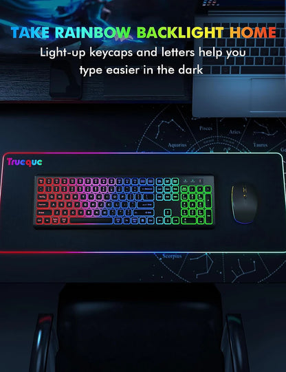 Kabellose Tastatur-Maus-Kombination mit RGB-Hintergrundbeleuchtung, wiederaufladbaren beleuchteten Tasten, Full-Size-Format, ergonomischem Design, Schlafmodus, 2.4GHz