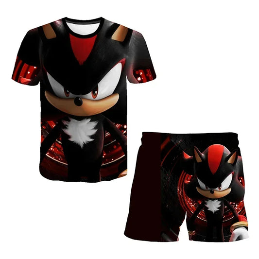 Fashion 3D Anime Children's T-shirt Set Sonic The Hedgehog Top Short Sleeve + Shorts Two-piece Set Girls Boys Cosplay Costume