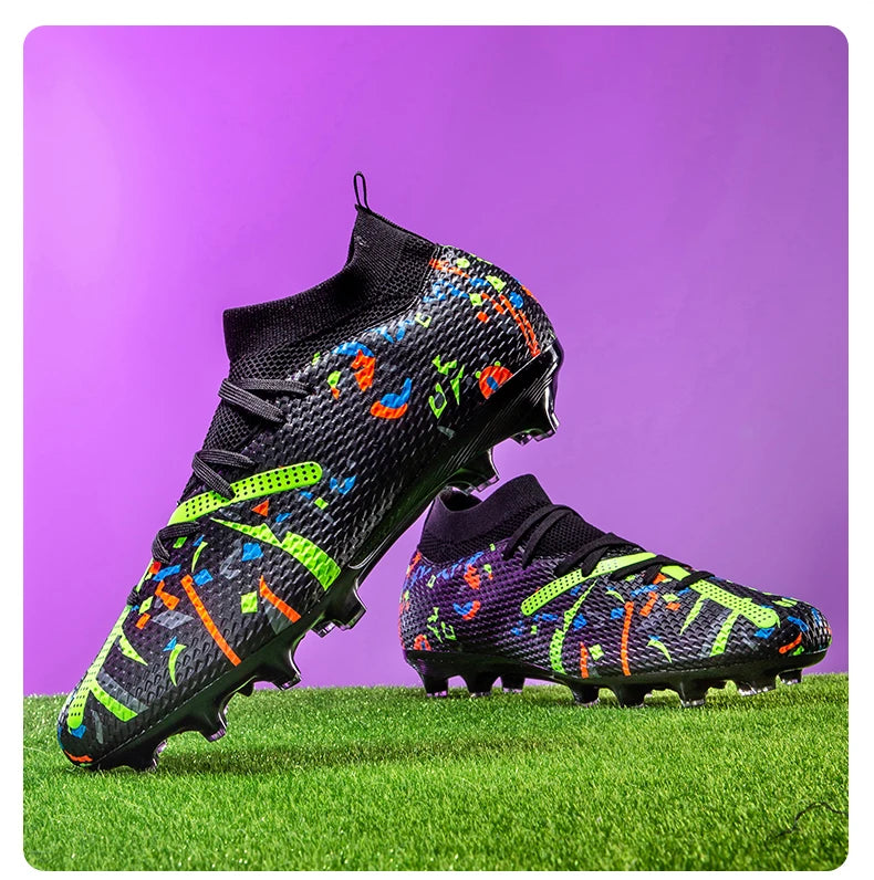Chaussures de football mi-hautes FG pour terrain ferme, empeigne texturée imprimée graffiti, bottes de football à lacets, crampons durs transparents professionnels