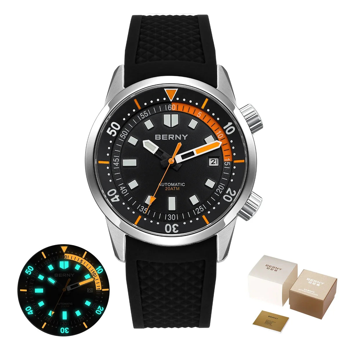Relógio de mergulho BERNY para homem, automático mecânico, 200M impermeável, superluminoso, 42mm, safira, para natação e mergulho