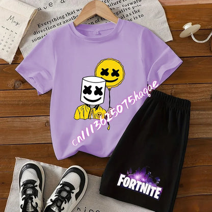 Completo estivo Fortnite con T-shirt e shorts per bambini e bambine, set 2 pezzi, abbigliamento bambino con top, T-shirt e pantaloncini, stampa Fortress Night, idea regalo