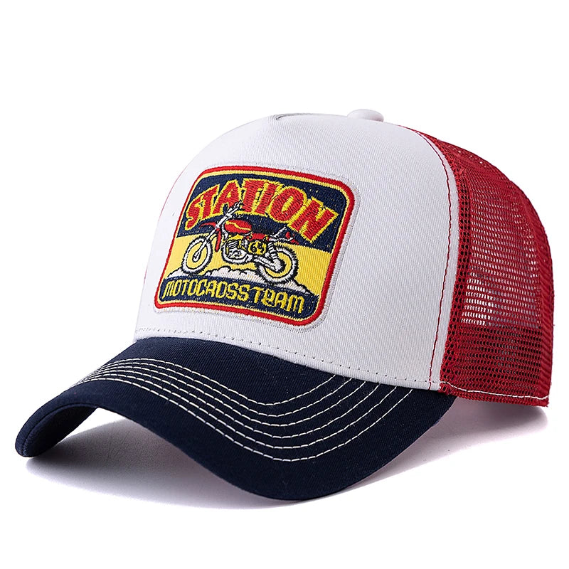 Casquette de camionneur unisexe en maille, motif moto classique, casquette de baseball d'été respirante, casquette streetwear pour hommes et femmes