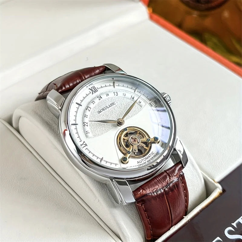 Automatikus mechanikus férfi karóra – Elegáns, áttört kialakítás, divatos „business casual” stílus, ötvözetből készült tok és bőr karkötő, elem nélkül