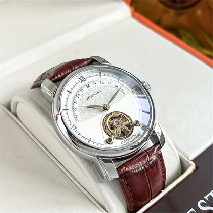 Automatikus mechanikus férfi karóra – Elegáns, áttört kialakítás, divatos „business casual” stílus, ötvözetből készült tok és bőr karkötő, elem nélkül