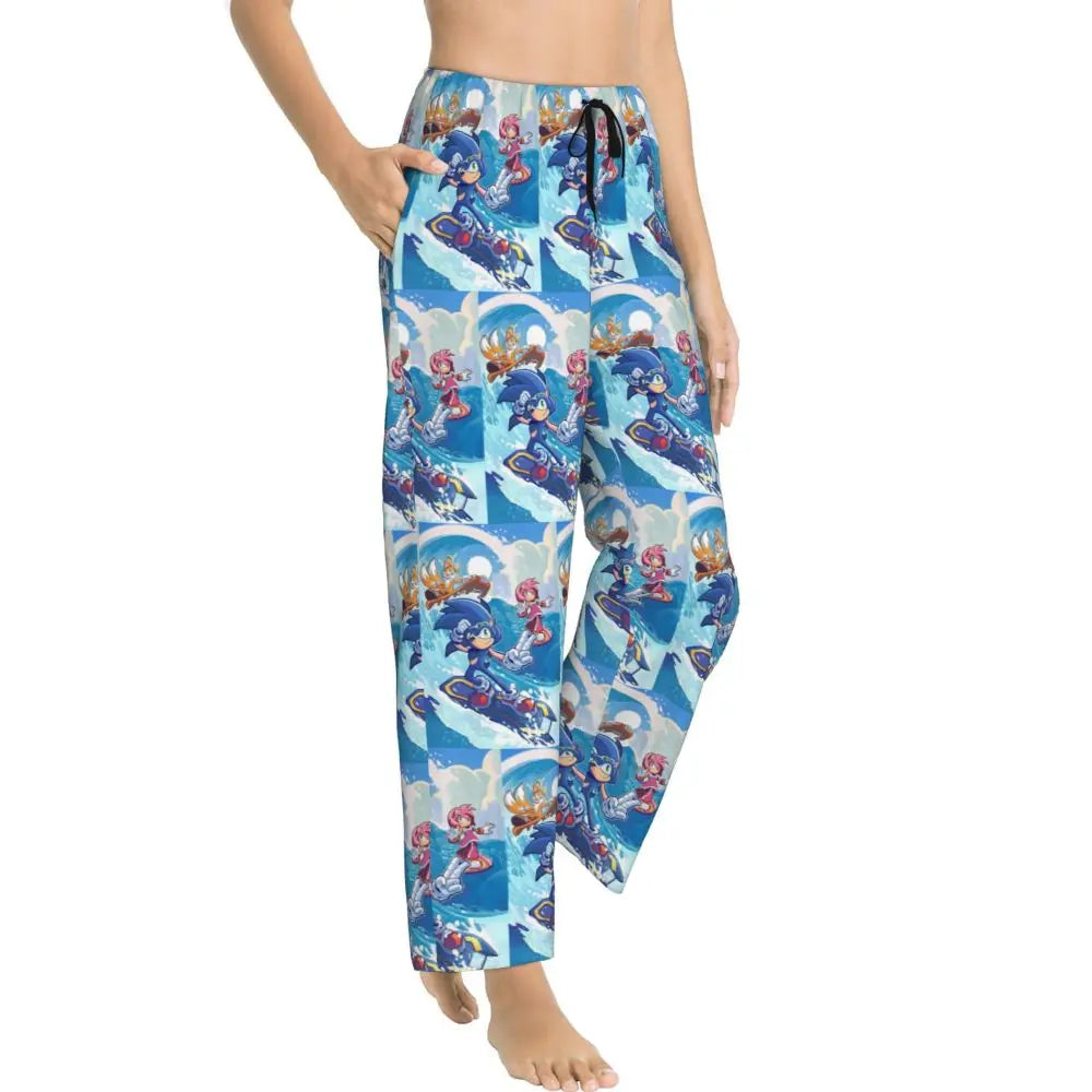 Custom Printed Womens Soniced Pajama Pants Hedgehog Game Sleepwear Sleep Lounge Bottoms with Pockets