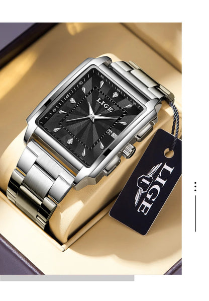 Reloj para hombre LIGE: estilo militar y moderno, caja cuadrada, cronógrafo de cuarzo, resistente al agua, marca de lujo