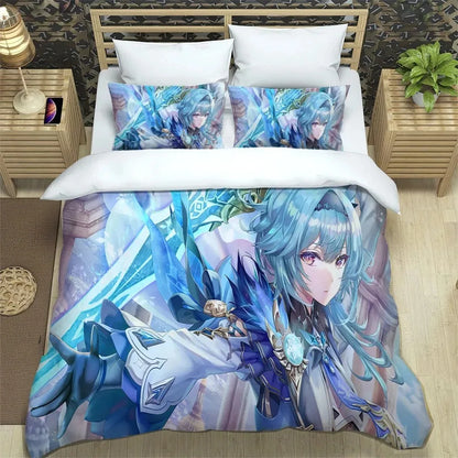 Conjunto de cama Anime Genshin Impact para rapaz e rapariga, tamanhos Twin e Queen, capa de edredão e fronha, roupa de cama moderna para crianças e adultos, têxtil-lar