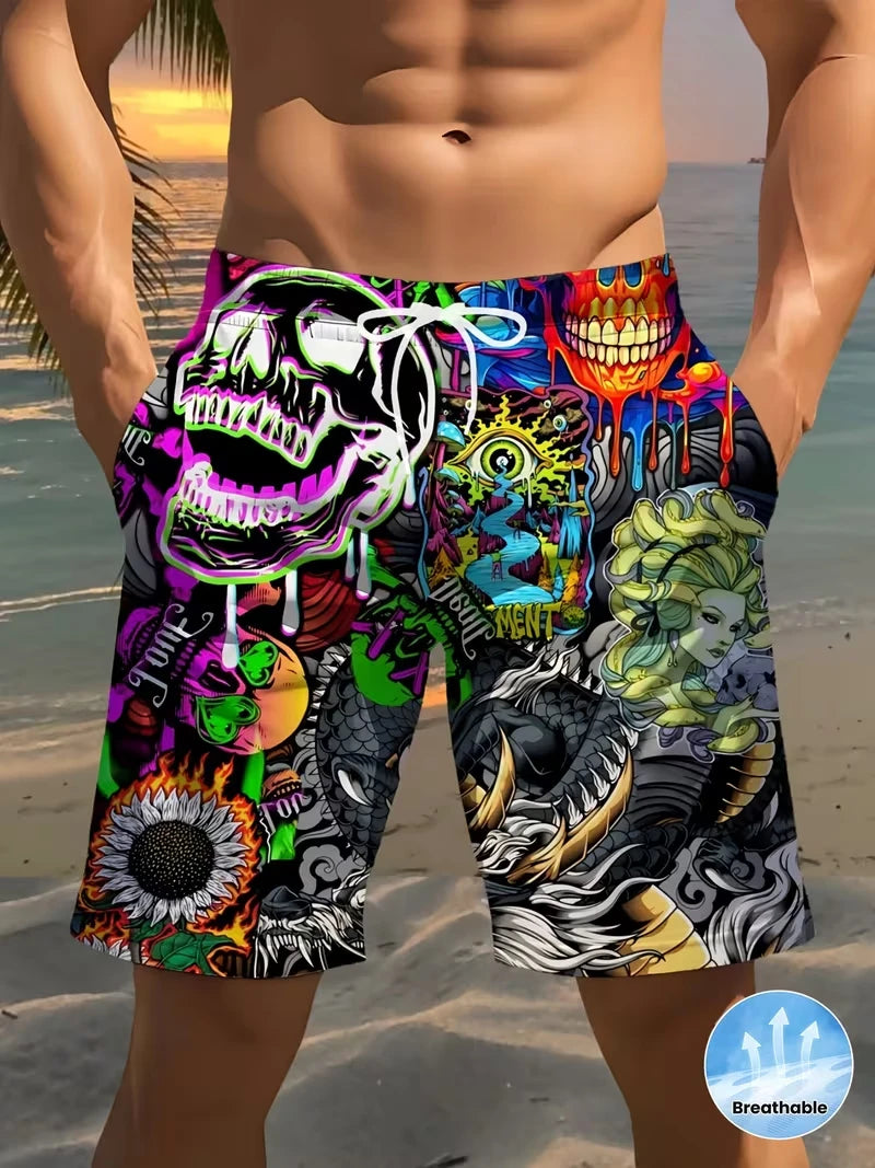 Fashion Skull Print Men Beach Shorts 3D Graphic Board Shorts For Vacation Street Fashion Summer Casual Psychedelic Shorts