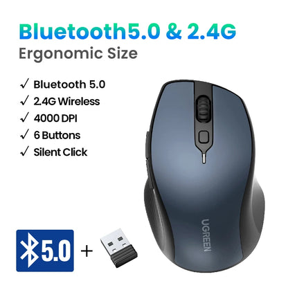 UGREEN Wireless Mouse Bluetooth 5.0 Ergonomic 4000 DPI 6 Mute Buttons For MacBook Computer Tablet Laptop PC 2.4G Mice Mouse