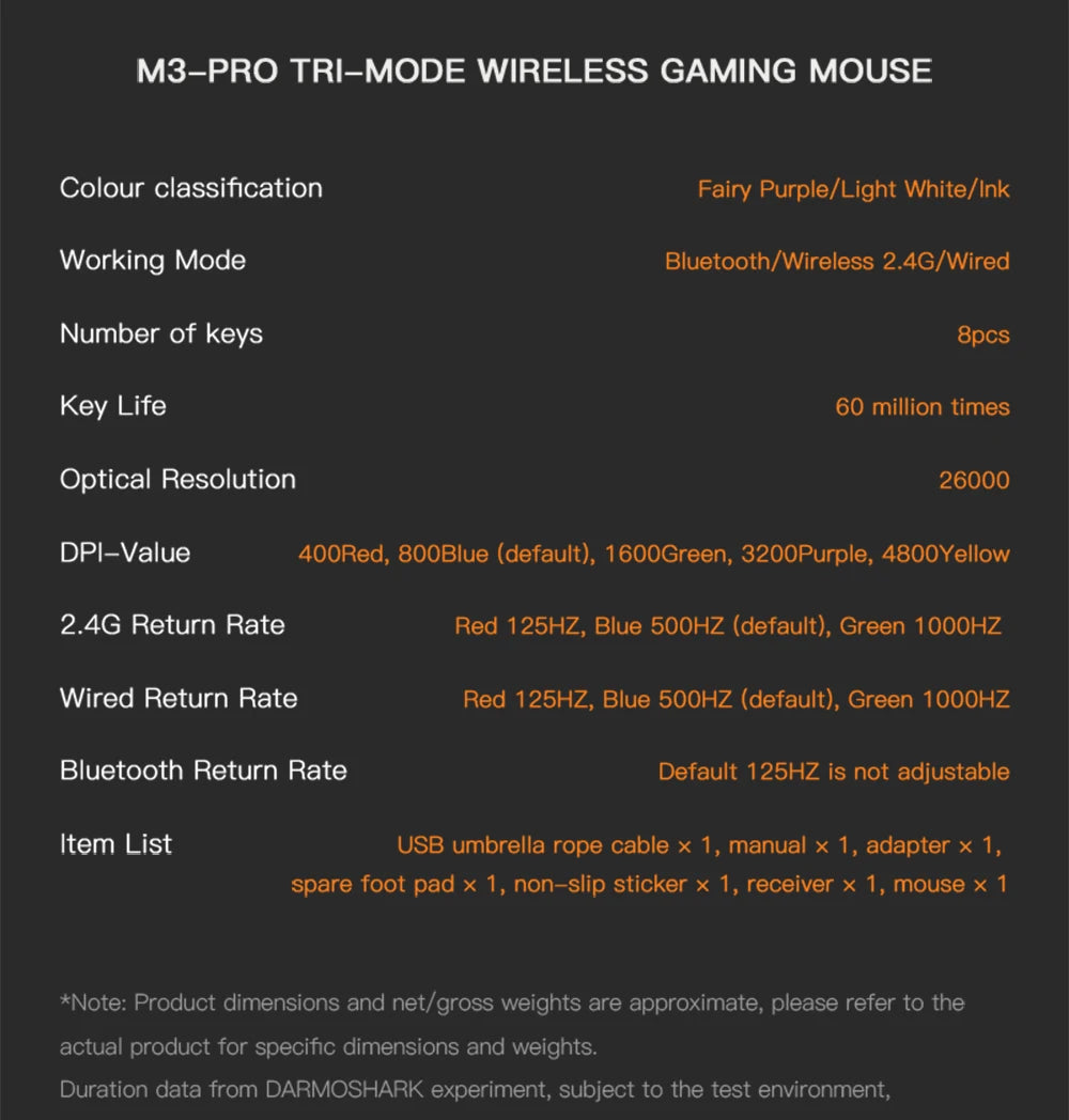Rato Gaming Darmoshark M3Pro 2.4G BT sem fios Tri-Mode, sensor PAW3395, N52840, 26000DPI, rato com driver macro para mãos grandes e gaming