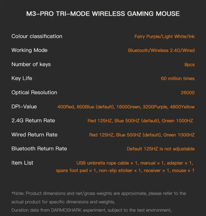 Rato Gaming Darmoshark M3Pro 2.4G BT sem fios Tri-Mode, sensor PAW3395, N52840, 26000DPI, rato com driver macro para mãos grandes e gaming