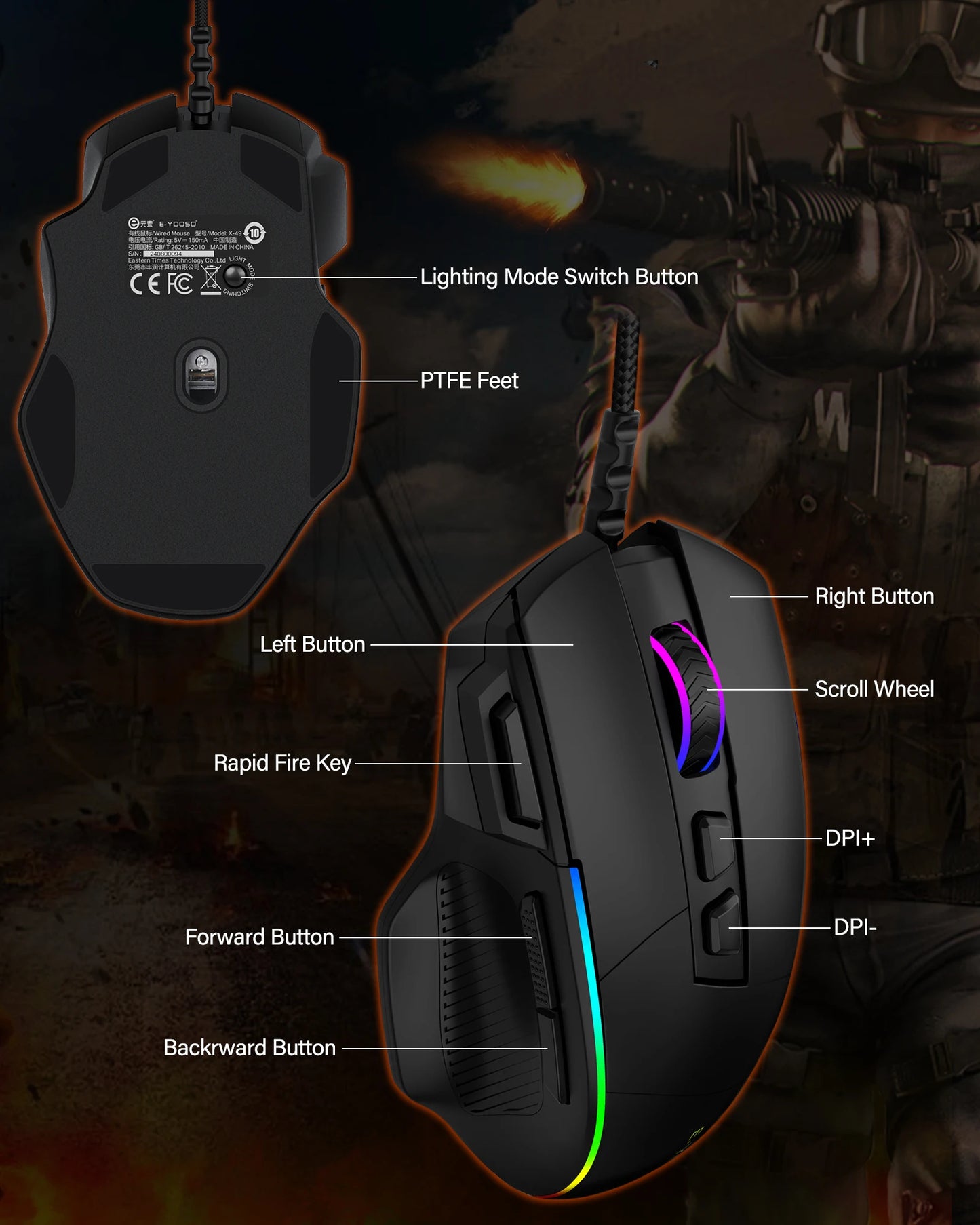 Mouse da gaming cablato E-YOOSO X49, 12400 DPI regolabili, retroilluminazione RGB, 8 pulsanti programmabili, mouse ergonomico per gamer per PC e laptop