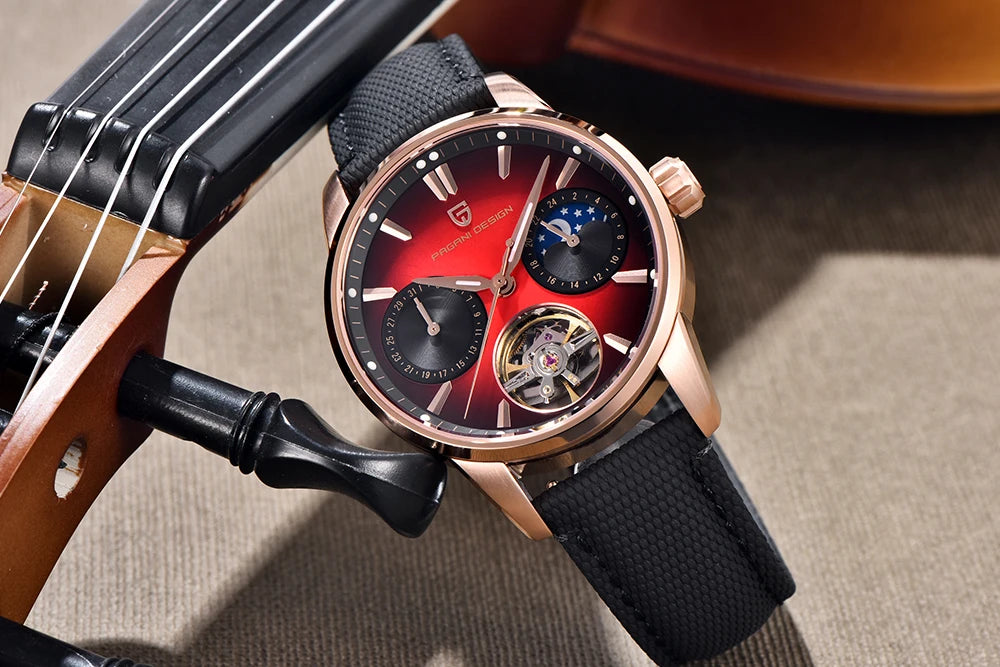 PAGANI DESIGN – Orologio meccanico di lusso da uomo, 41 mm, vetro zaffiro, cinturino in pelle, impermeabile, stile pilota, con tourbillon e fasi lunari