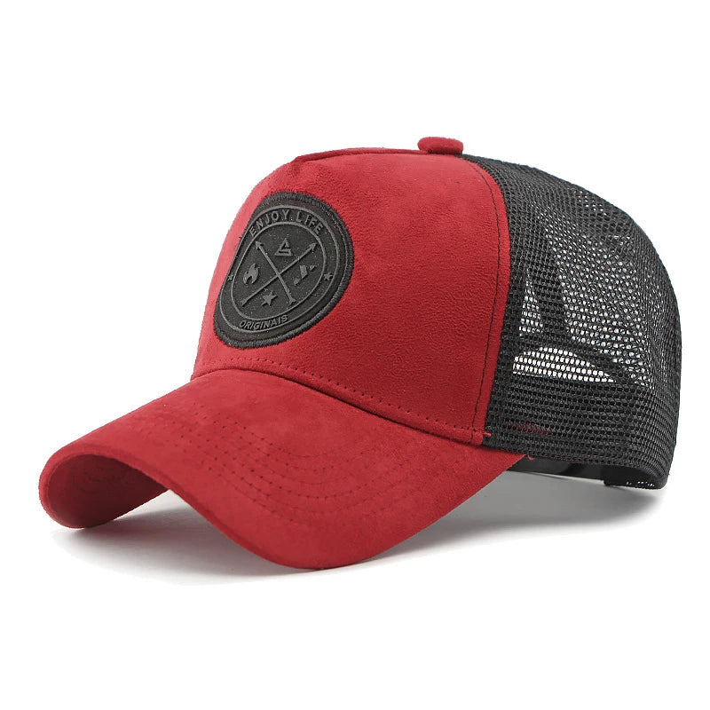 A retro-style suede work cap with a leather logo and breathable mesh design, suitable for both men and women to wear casually.