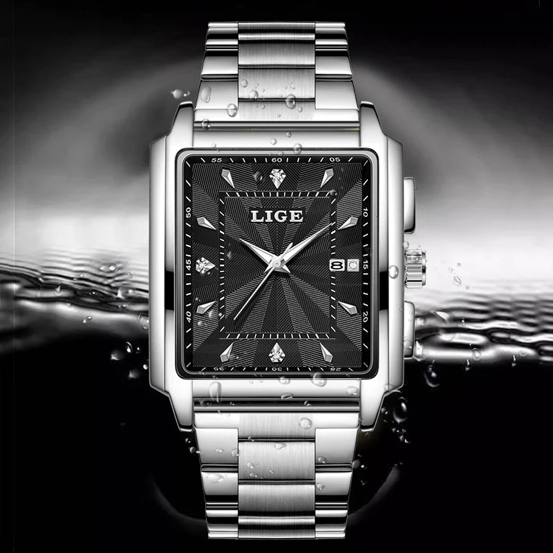 Reloj para hombre LIGE: estilo militar y moderno, caja cuadrada, cronógrafo de cuarzo, resistente al agua, marca de lujo