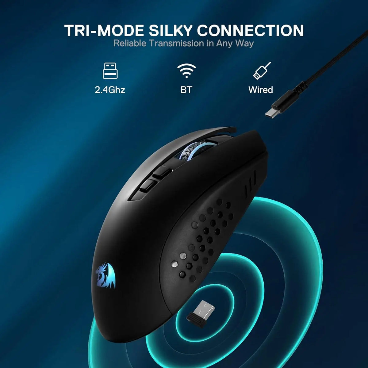 Redragon M656 MAX 3-Mode Wireless Gaming Mouse, 10000 DPI Rechargeable RGB Gaming Mouse with 7 Programmable Buttons, Bluetooth, 2.4GHz & Wired Connectivity