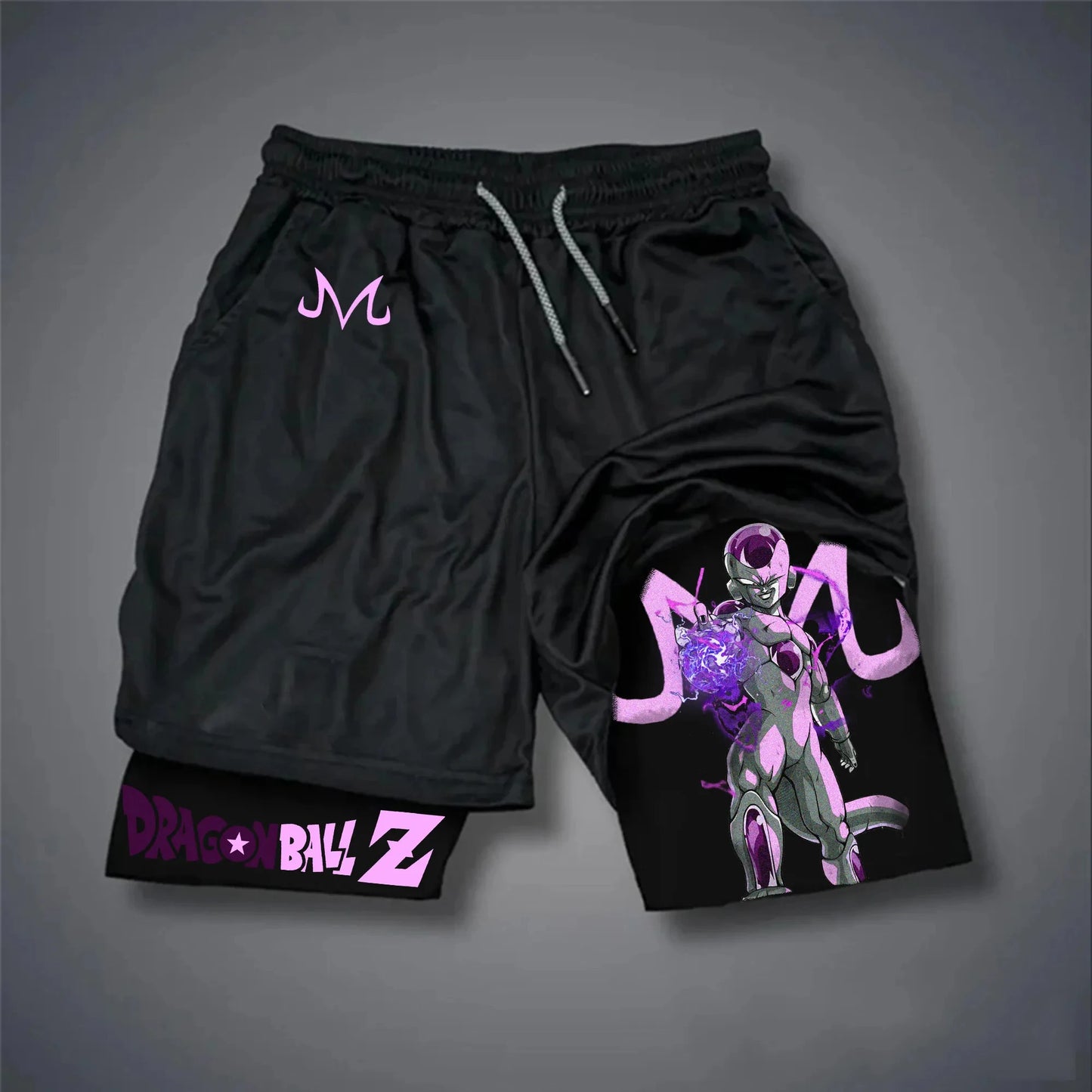 2026 Summer Dragon Ball Double Layer Men's Workout Shorts, Frieza Print Quick Dry Athletic Outdoor Running Shorts Oversized Y2k
