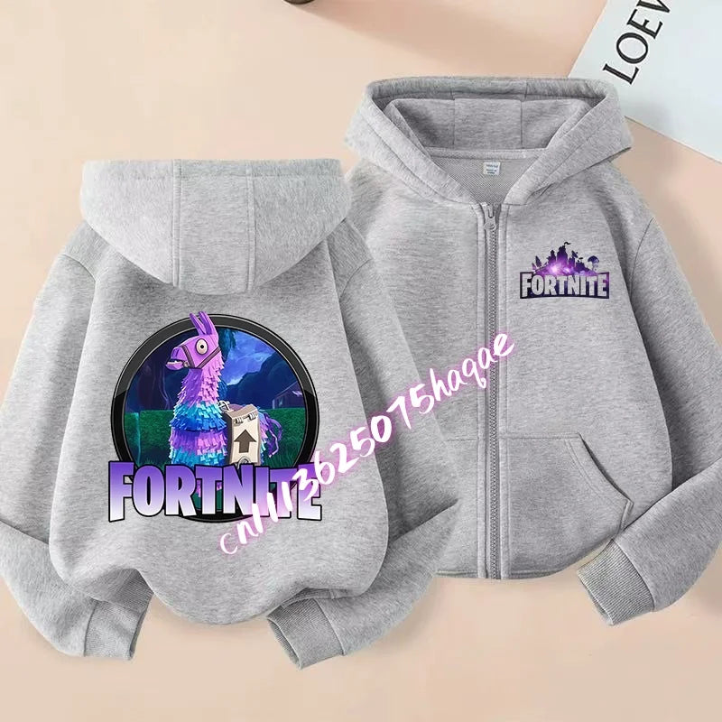 Novo hoodie infantil Fortnite com fecho de correr, estilo cartoon anime, casual e respirável, casaco para meninos, primavera 2026, roupa para criança