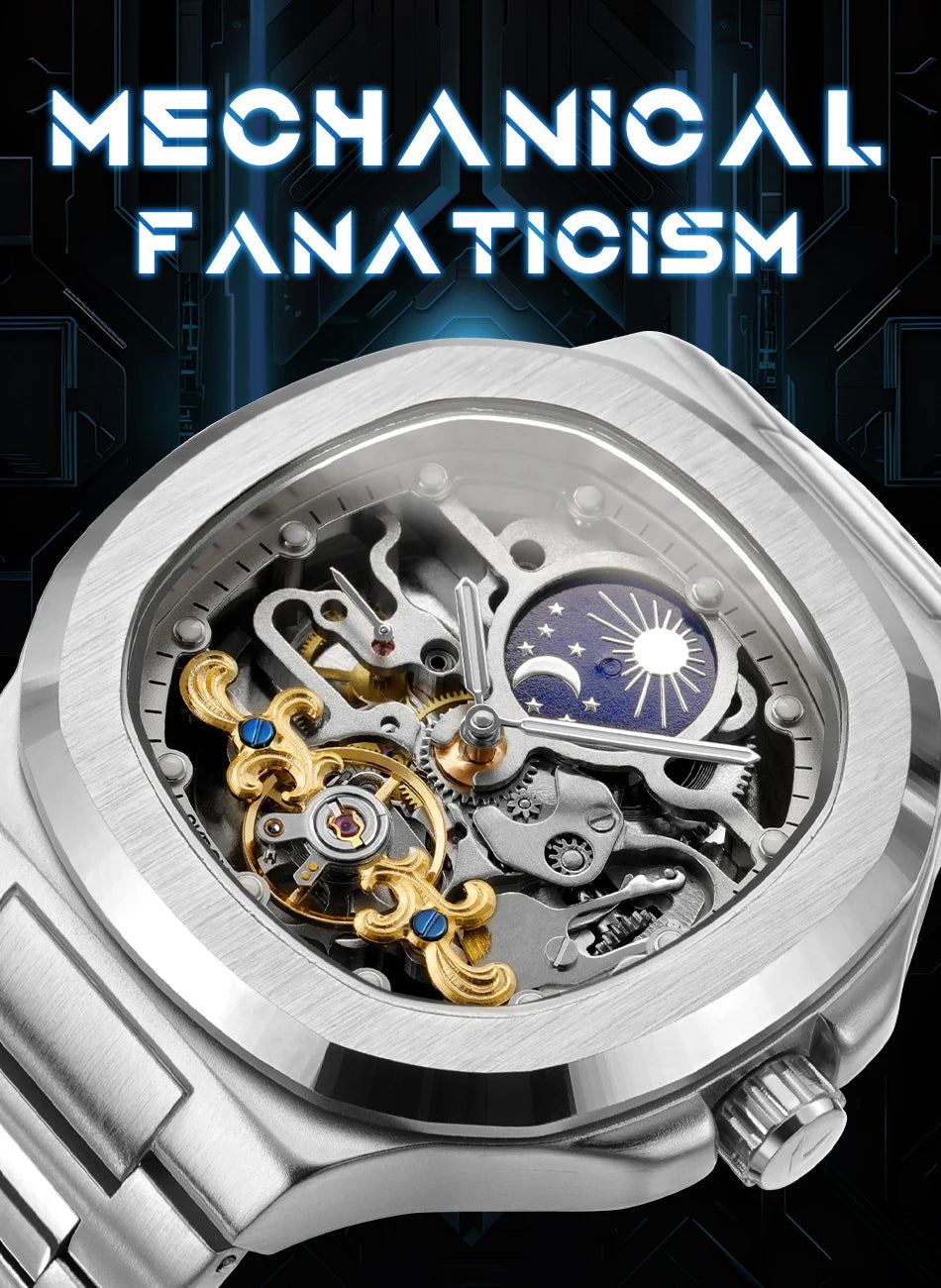 2026 High-end Luxury SKROX Square Man Watch Sapphire Stainless Steel Skeleton Moon Phase Classic Automatic Movement Male Watches