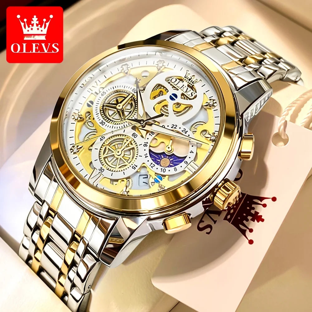 OLEVS men’s watch – Luxury model, water-resistant, quartz, skeletonised style, 24-hour display (day/night), gold colour