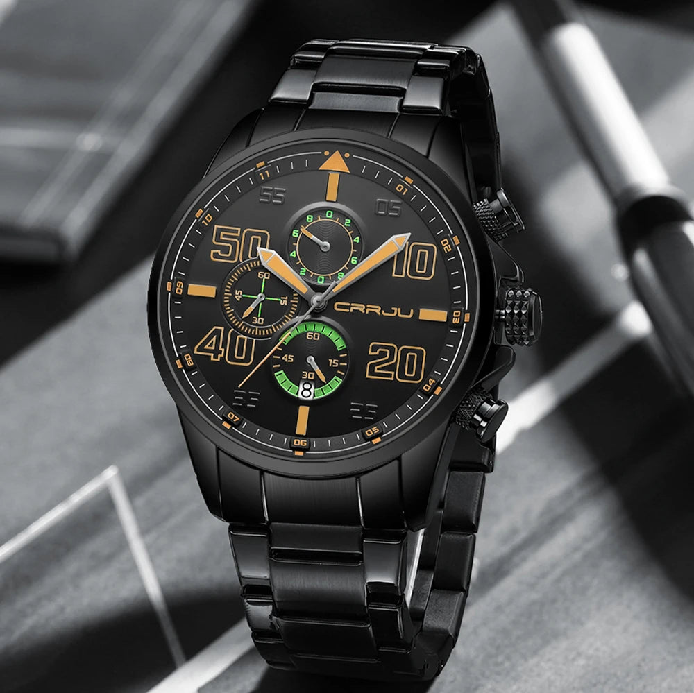 Montre pour homme CRRJU – Chronographe de luxe, grand cadran, acier inoxydable, étanche, avec affichage de la date